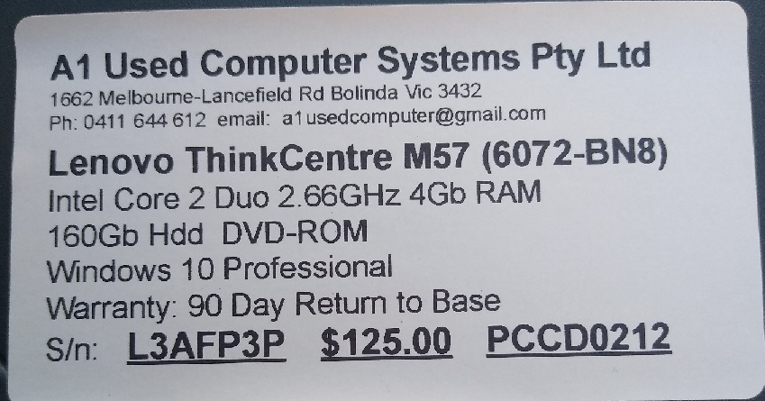 Lenovo ThinkCentre M57 (6072-BN8) - Intel Core 2 Duo 2.66GHz 4Gb